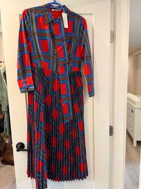 Red Plaid Long-Sleeve Midi Shirt Dress